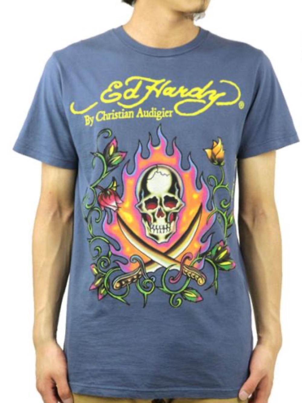 Authentic Ed Hardy Vintage #13 Flaming Skull & Swords Graphic Blue Tee